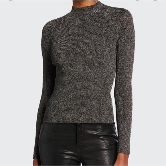 Ramy Brook Womens Donella Mock Neck Metallic Sweater Top Sz XS ? Ribbed Stretchy - Picture 1 of 8
